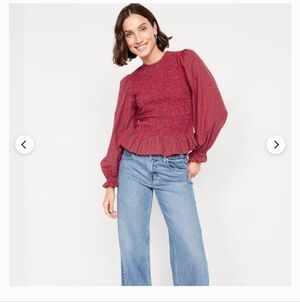 Old Navy Red Plaid Smocked Peplum Blouse